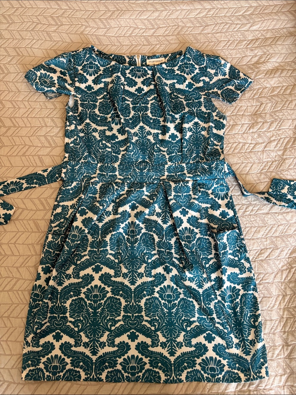 Teal and White Damask Short-Sleeve Belted Mini Dress